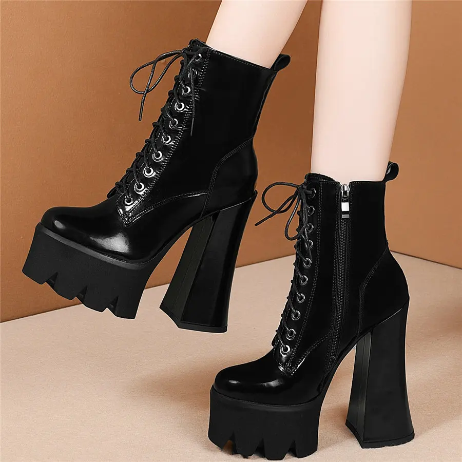 Shoes Women Lace Up Genuine Leather High Heel Motorcycle Boots Female High Top Round Toe Chunky Platform Pumps Shoe Casual Shoes