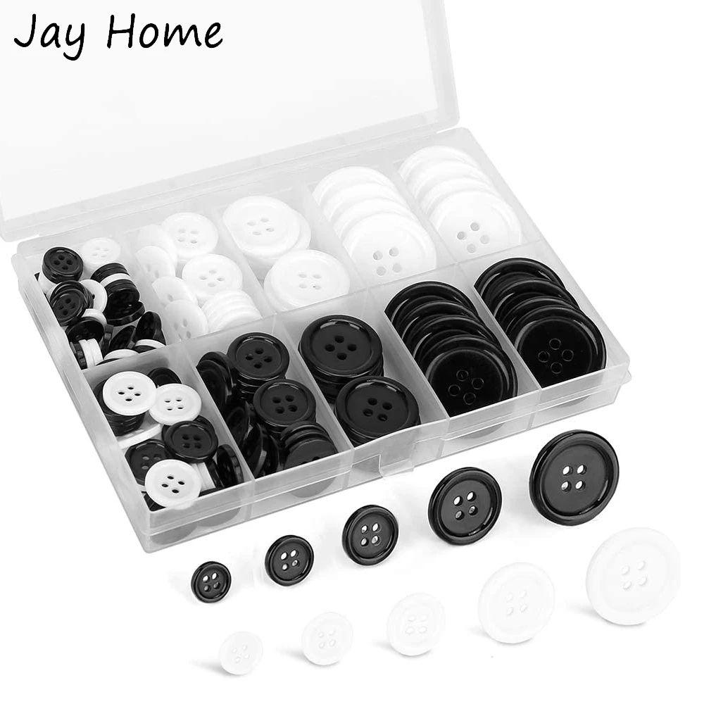 

160PCS Mixed Sewing Buttons Round Black White 4-Hole Resin Button with Storage Box for Garment Sewing Craft Projects Decoration