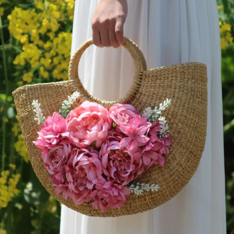 Sac de plage en rotin pour femme, ensemble de chapeau de vacances, sac à main fourre-tout en paille, tissage de fleurs artificielles multicolores,