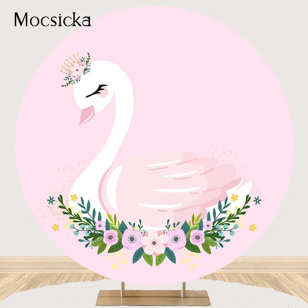 Swan Birthday Backdrop Pink Girl Newborn Kids Round Circle Background Elastic Polyester Chilren Baby Shower Party Decorations