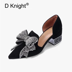 2020 Summer New Sandals Women Bling Rhinestone Big Bow Thick High Heel Sexy Pointed Toe Cut-Out Pumps Women Singles Shoes Sandal