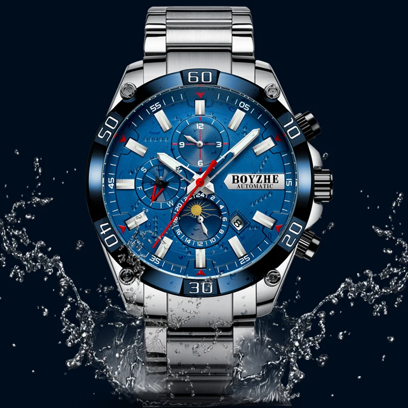 BOYZHE Men Mechanical Sport Watch Multifunction Moon Phase Calendar Week Display Watch for Men Clock relogio masculino 2021