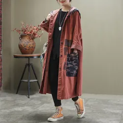 Spring Autumn New Arts Style Women Long Sleeve Loose Trench Coat Vintage Print Cotton Denim Hooded Long Coat High Quality M240