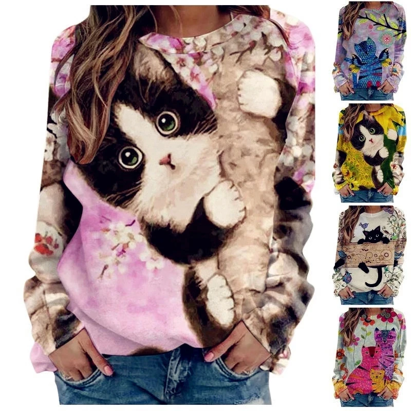 

Женская футболка с длинным рукавом, большие размеры, свободная пикантная Винтажная Футболка с принтом кошек, весна-осень 2021