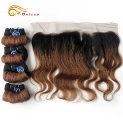 Short Body Wave Bundles With Closure 1B/27/30/99J Brazilian Ombre Human Hair Bundles With Closure 4x4 Transparant Lace Closure