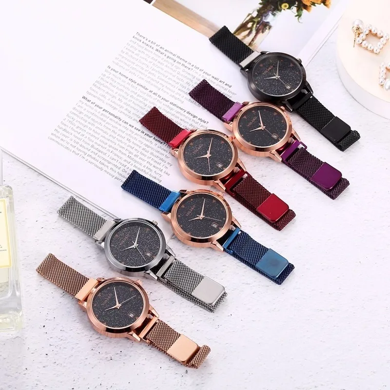 Women Magnet Buckle Starry Sky Watch With Calendar Luxury Ladies Stainless Steel Quartz Watch Clock Relogio Feminino