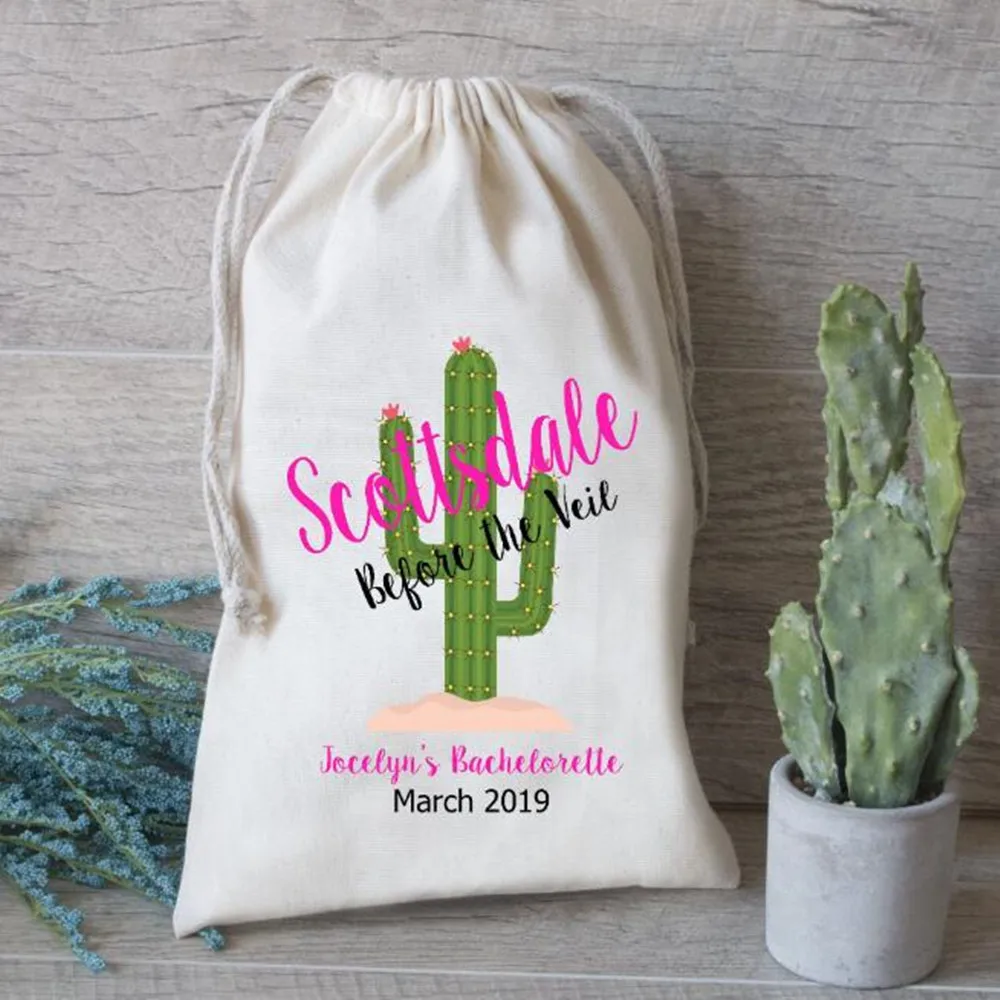 Custom text Scottsdale Bachelorette Hangovers Kit, Oh Shit Kit, Drawstring Favor Bag, Cactus Wedding gift favor bags