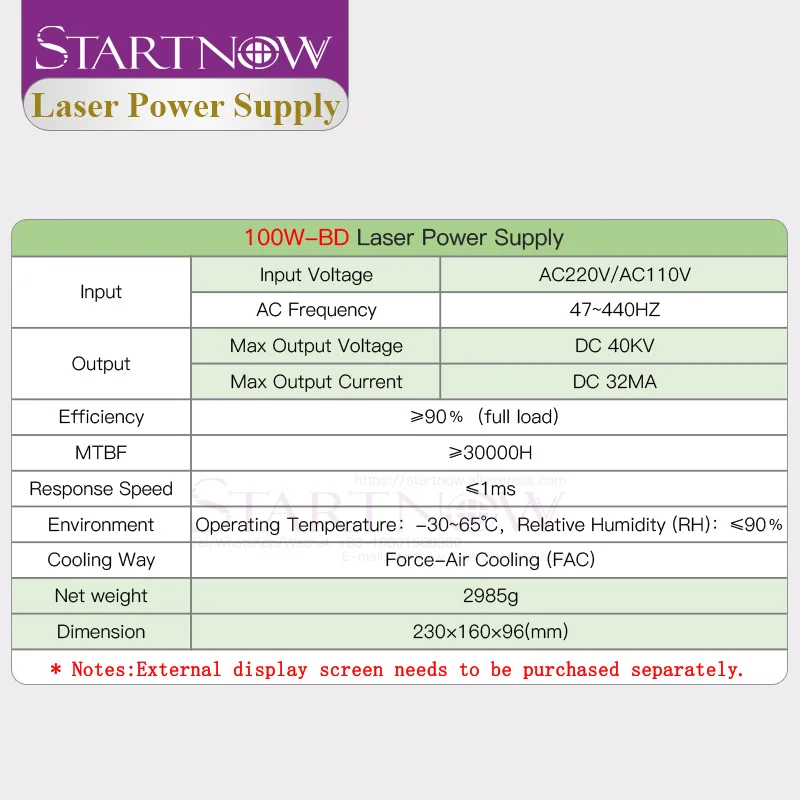 Startnow 100W-BD CO2 Laser Power Supply 120W With Display Screen 110V PSU MYJG-100 220V Co2 Laser Tube Cutting Machine Source