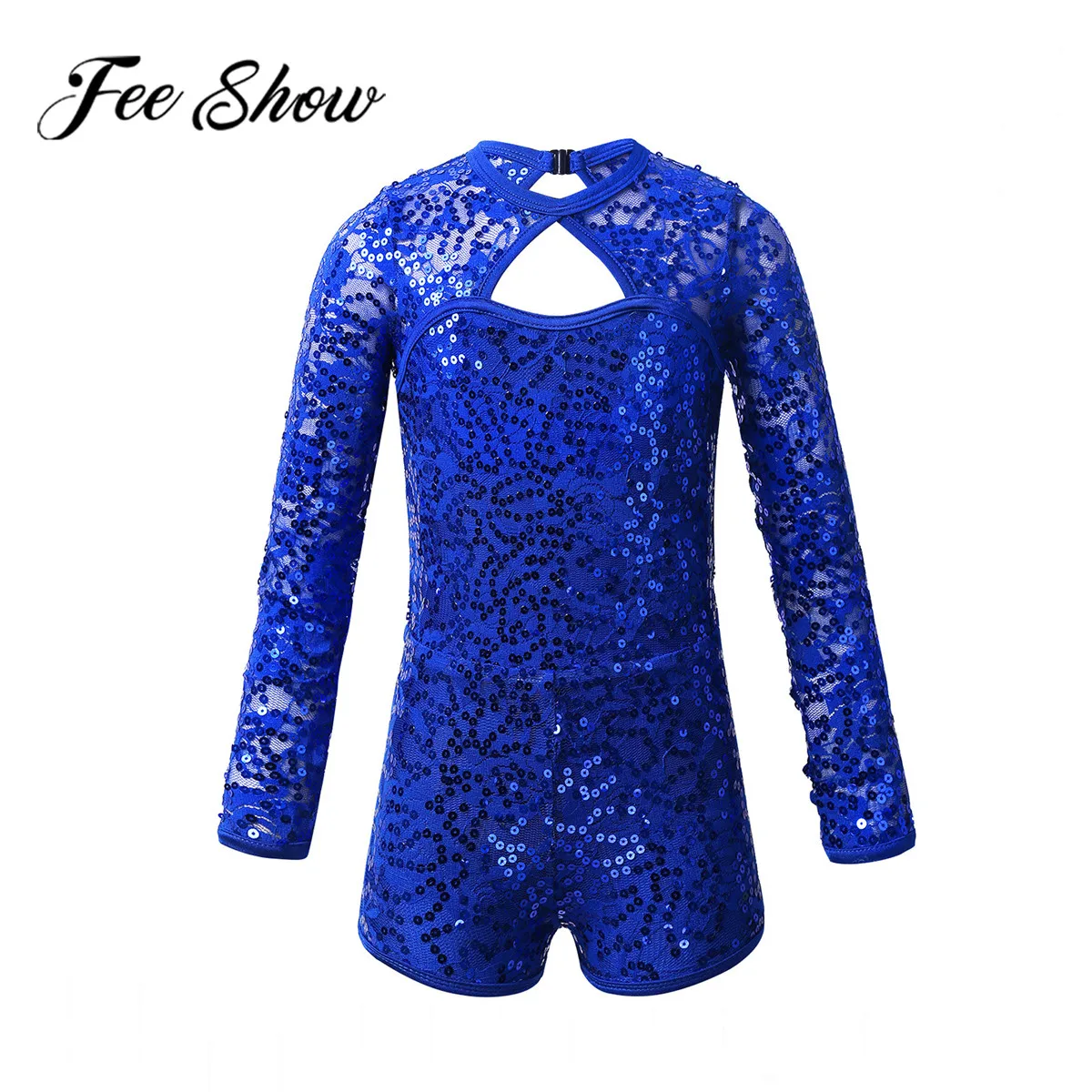 FEESHOW Leotard Jumpsuit Biketard Dancewear Kids Girls Long Sleeves Shiny Sequins Keyhole Back Ballet Dance Gymnastics Bodysuit