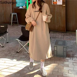 Women Long Sleeve Dress with Hat Hoodies Letter Print Mid-calf Length Straight Loose All-match Thickening Warm Autumn Winter New