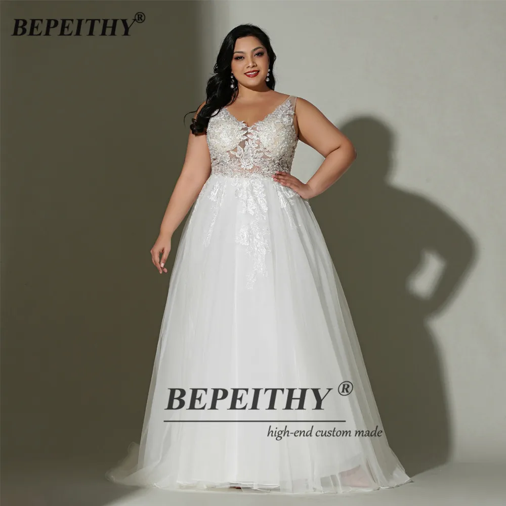 BEPEITHY ใหม่พลัสขนาด V คองาช้างชุดแต่งงานชุดสำหรับ Curve ผู้หญิงสาย Sheer ชุดเจ้าสาว Vestidos de Festia