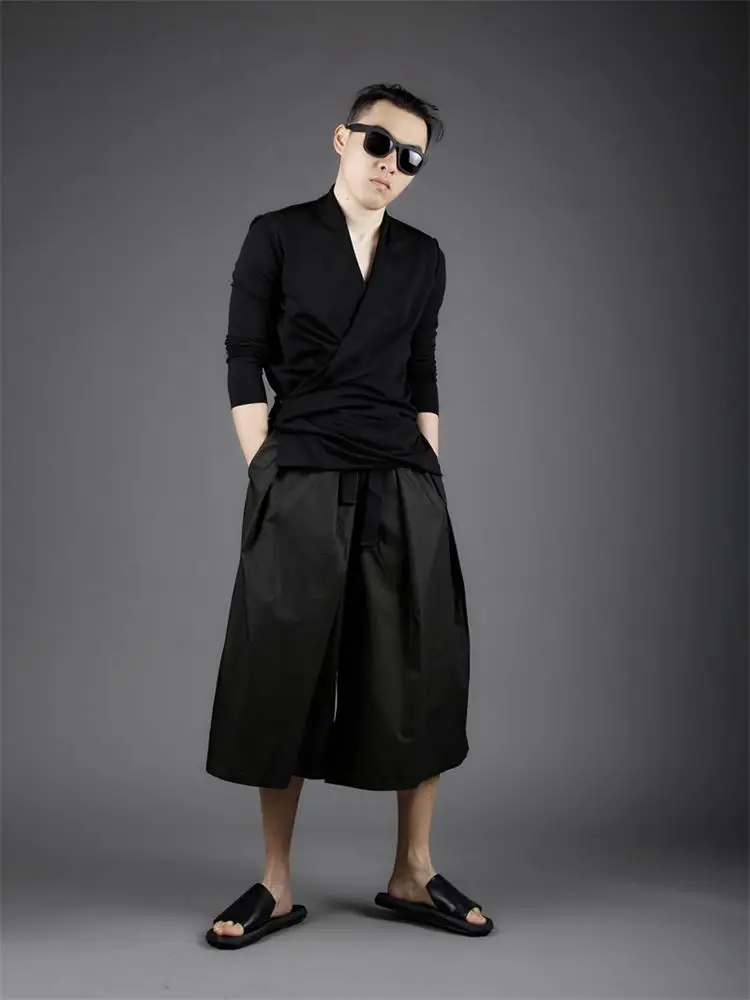 Men's new summer fashion trend personality culodresses loose and tight waist, harlan plus size bell-bottom cropped trousers