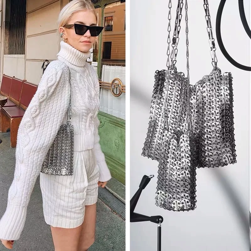 Luxury Designer Women Bags Pure Metal Sequins Chain Woven Bag Hollow Evening Bags Clutch Female Travel Holiday Shoulder Bag