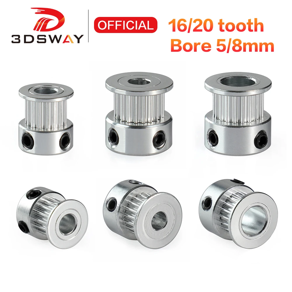 3DSWAY 3D Printer Parts 2GT Timing Pulley 16 Tooth 20 Teeth Bore 5/8mm Width 6mm GT2 Synchronous Wheel Timing Belt Aluminum Gear