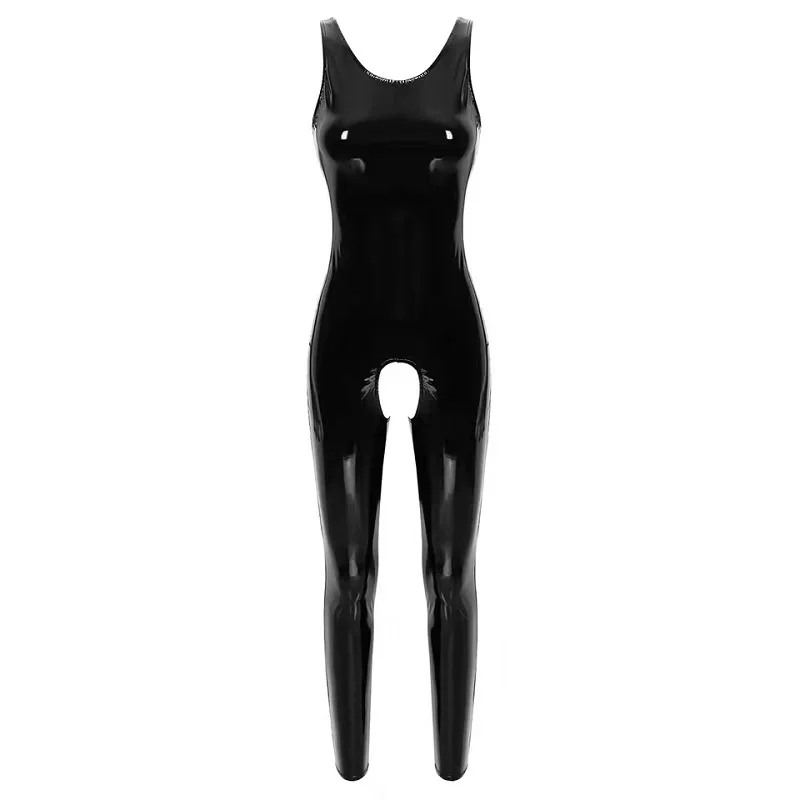 Sexy Open Crotch Leather Lingerie For Women Erotic Below Crotchless Bodysuit Glossy Shaping Latex Sheath Dress Sexy Bottom