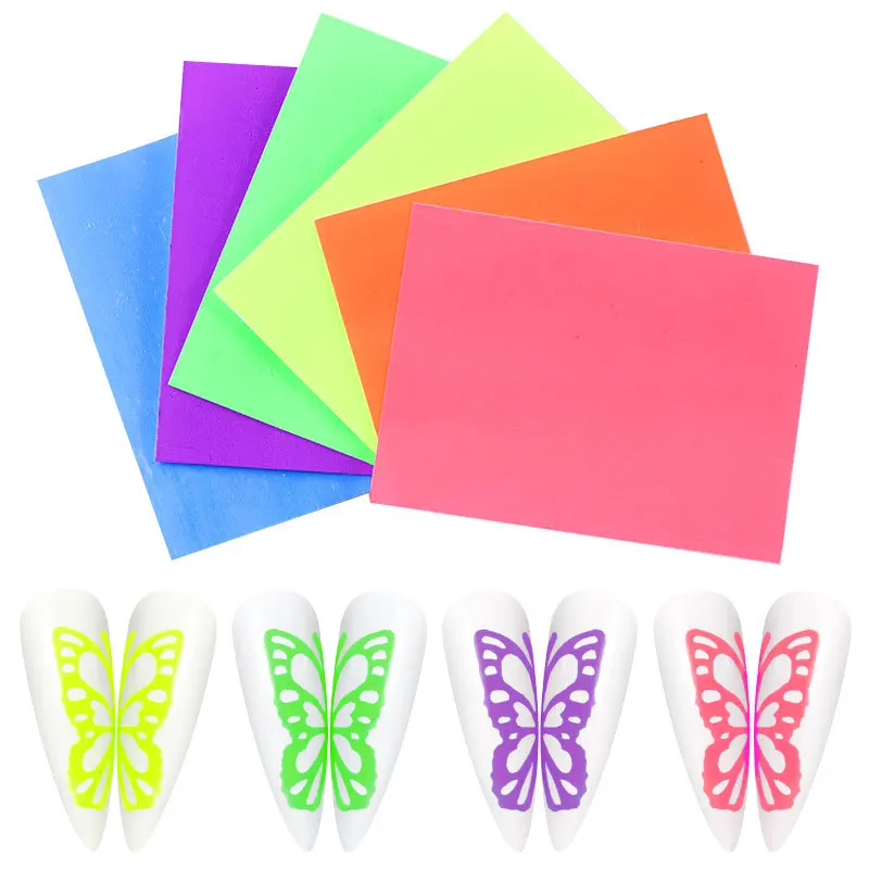 

Nail Art Deco Stickers Explosion Color fluorescence Luminous Laser Butterfly Sticker Adhesive Aurora decals 6 color set T1603