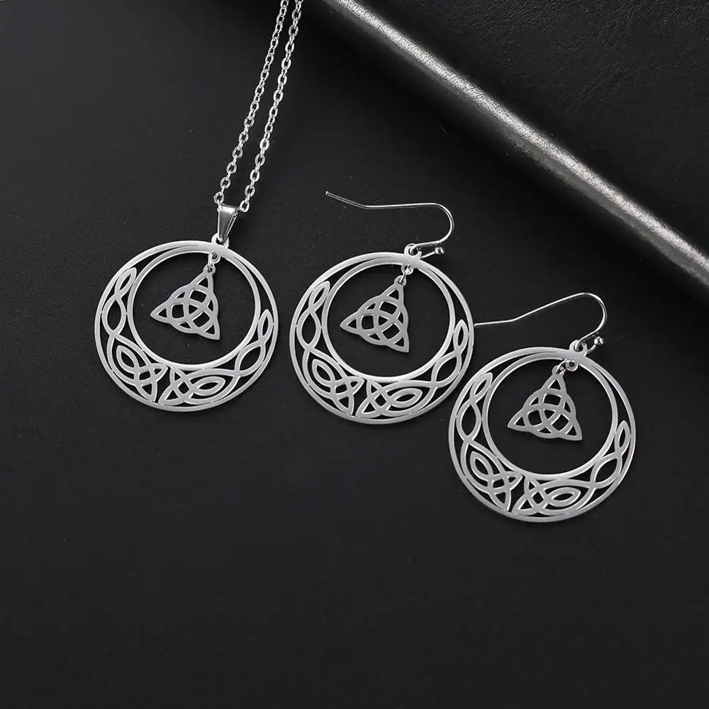 Skyrim Irish Knot Stainless Steel Jewelry Set Black Gold Color Gothic Triquetra Pendant Necklace Round Dangle Earring for Women