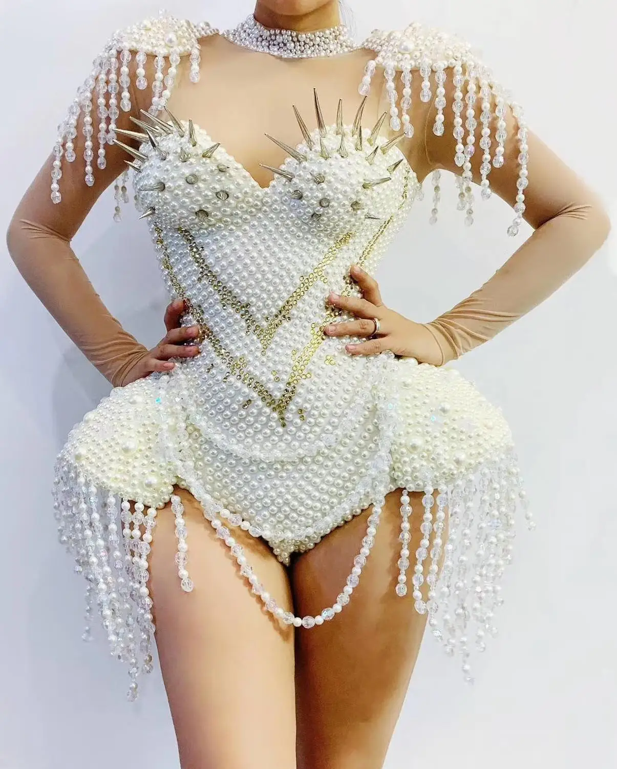 Women New Luxurious Pearls Stones Bodysuit Sexy Tranparent See Through Leotard Dance Show Costume Party Tassels Costume outfit