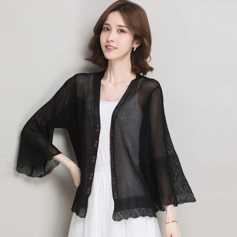 Women Knitwear Summer Hollow Thin Knit Cardigan Elegant V-Neck See Through Knit Outwear Sun Protection Knit Coat