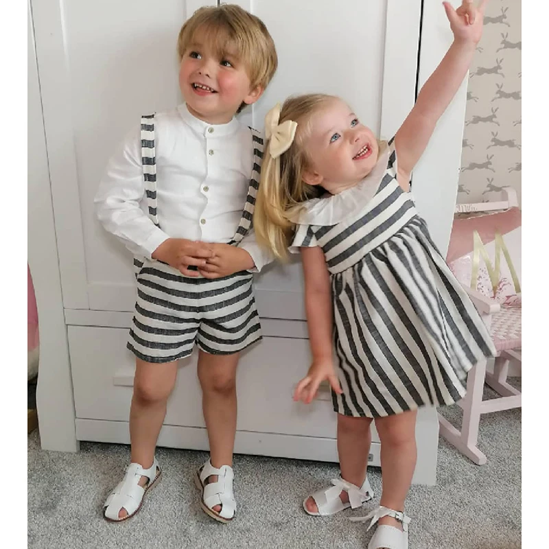 Children Boutique Clothing Set Custom Black White Striped Cotton and Linen For Boys Girls Spanish Sister Brother Fashion Clothes