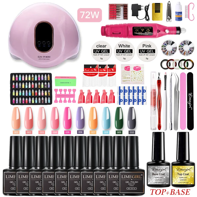 Set Manicure Kit per unghie 72W//54W lampada a led UV con Set di smalti per Gel 16 pezzi Kit di strumenti per Manicure elettrico per trapano per unghie Kit di estensione per unghie