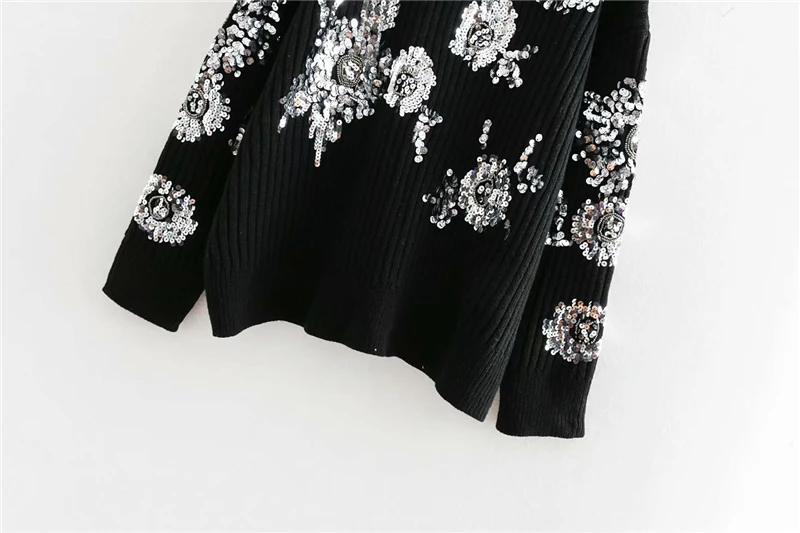 Women Fashion Beading Sequins Loose Knitted Sweaters Vintage High Collar Long Sleeve Female Pullovers Chic Tops