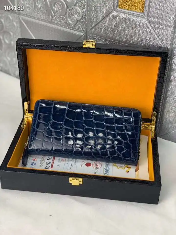 High glossy shinny genuine crocodile belly skin wallet clutch with inner cow skin lining blue color long zipper wallet purse