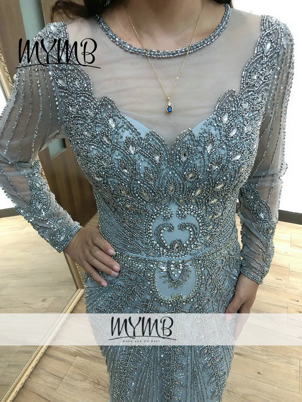 MYMB Elegant Mermaid Dubai Evening Dress 2022 Long Sleeve Sheer Beading Back Women Wedding Party Gowns MY81103