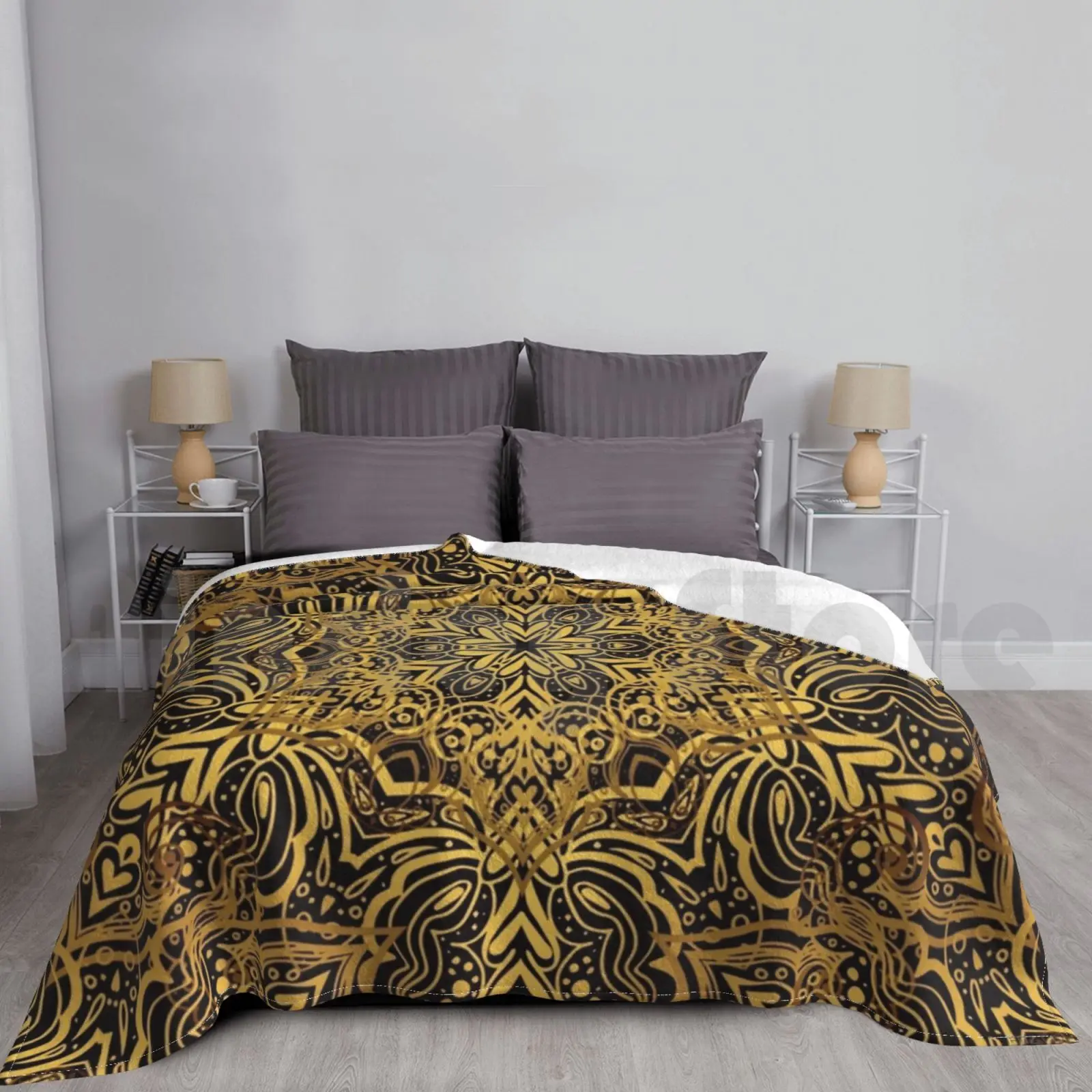 Luxe Ornate Golden Yellow & Black Zen Mandala Filigree Pattern Blanket Fashion Custom Golden Yellow Black