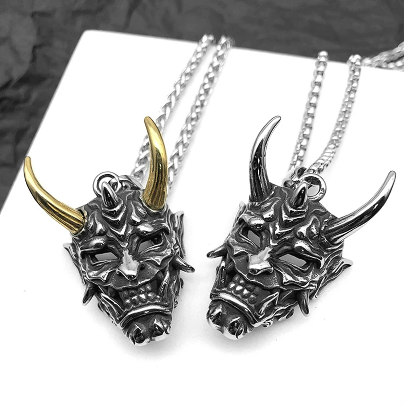 Retro Gothic Punk Necklace Prajna Ghost Demon Fang Mask Mens Titanium Steel Necklace Monster Skull Pendant Jewelry Gift