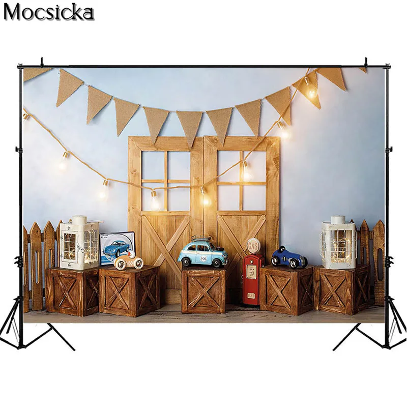 ของเล่นรถ Theme ถ่ายภาพพื้นหลังอาบน้ำทารกแรกเกิดฉากหลังไม้กล่องประตู Decor แบนเนอร์วันเกิดเค้ก Smash Photocall