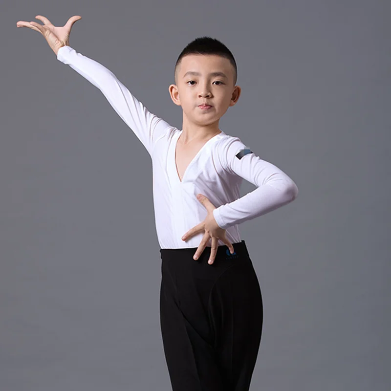 

2022 Kids Latin Ballroom Dancing Costume White Shirt Boys Latin Competition Tops Professional Cha Cha Tango Dance Clothes