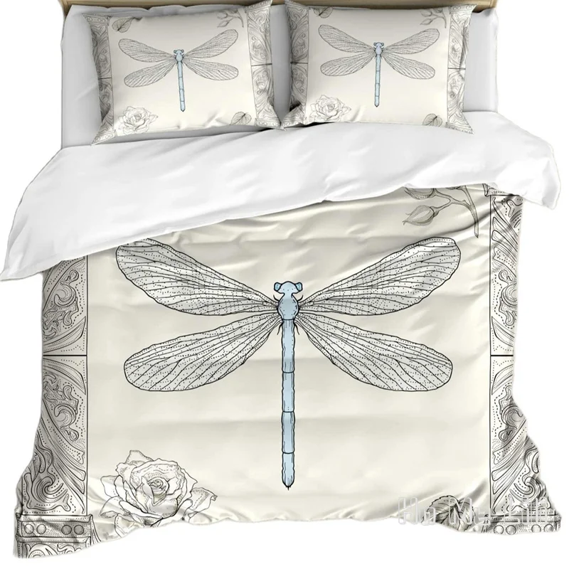 

Dragonfly By Ho Me Lili Duvet Cover Set Hand Drawn Royal Style Rose Petals Leaves And Ornate Design Decorative Bedding