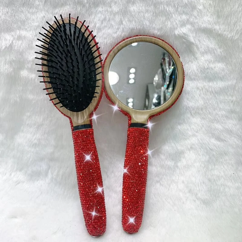 Portable Makeup Mirror for Women Diamonds Wooden Handle Massage Meridian Airbag Rhinestone Comb Compact Hand Held