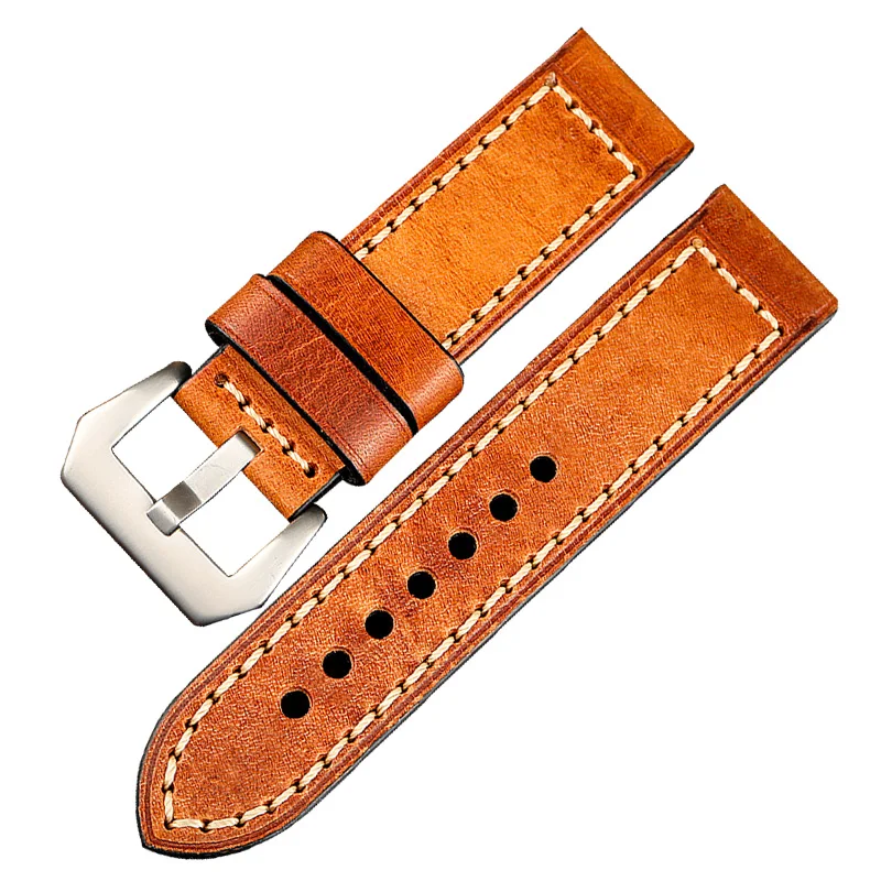 Orange Yellow Leather Bracelet 20 22 24 26MM H-Head Retro Calfskin Watchband Thickened Adapter for PAM Men's Strap