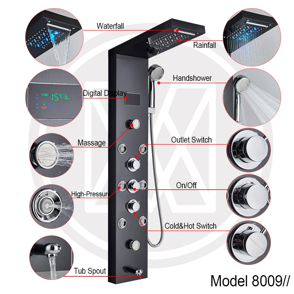 

2021 Usually Using Massage Jet Bath Shower Column LED Light Shower Panel Waterfall Rain Shower Faucet Set