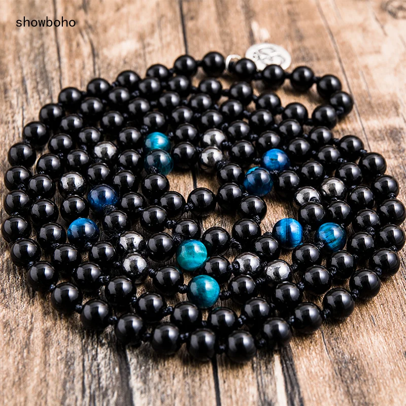 

8mm Black Onyx Hematite Blue Tiger Eye Knotted Necklace 108 Japa Mala Meditation Yoga Blessing Jewelry OM Amulet Pendant