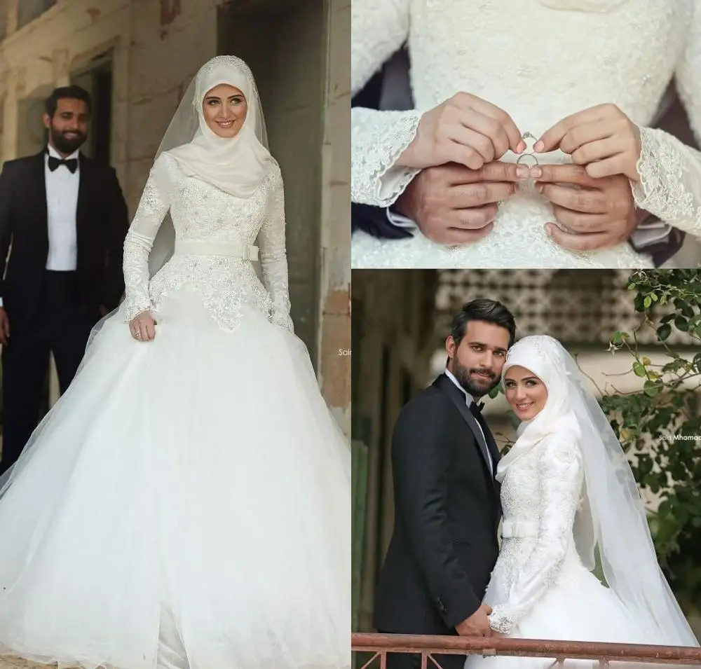 New Arabic Islamic Muslim A Line Wedding Dresses Lace Winter Bridal Gowns Long Sleeves High Neck Midwest Pakistan vestidos