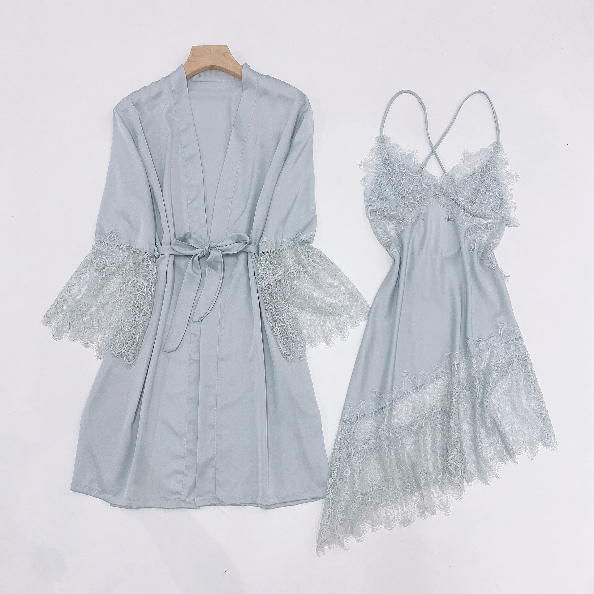 

Summer Women 2PCS Kimono Bathrobe Gown Casual Intimate Lingerie Gray Lace Sexy Kimono Robe Set Satin Nightwear Home Clothing