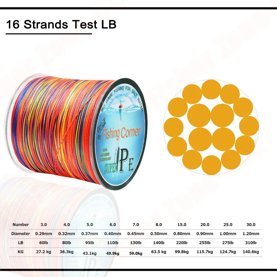 16 Strands Multicolor Multifilament Fishing Line 300M 500M 1000M 1500M PE Braided Fishing Rope Braid Wire 60LB-310LB