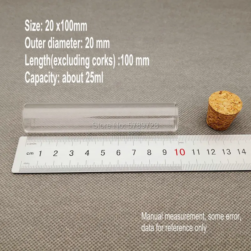 50 pz/lotto 20x100mm provetta a fondo piatto in vetro con tappo in sughero, recipiente di reazione in vetro da laboratorio addensato