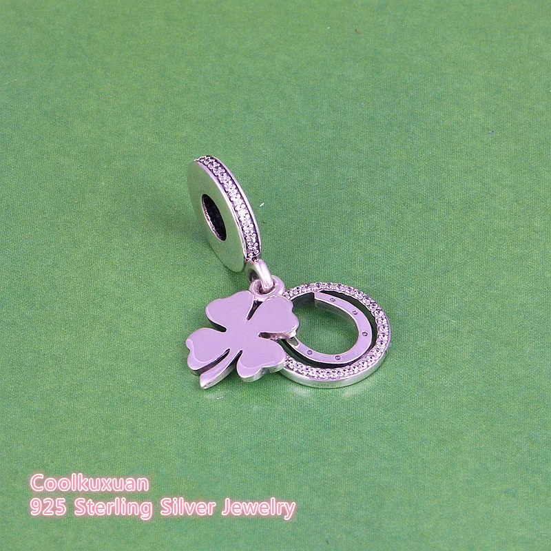 

Lucky Day Hanging Charm 925 Sterling Silver Four-leaf Clover Horseshoe Dangle Beads Fits Pandora bracelets Mother's Day Gift