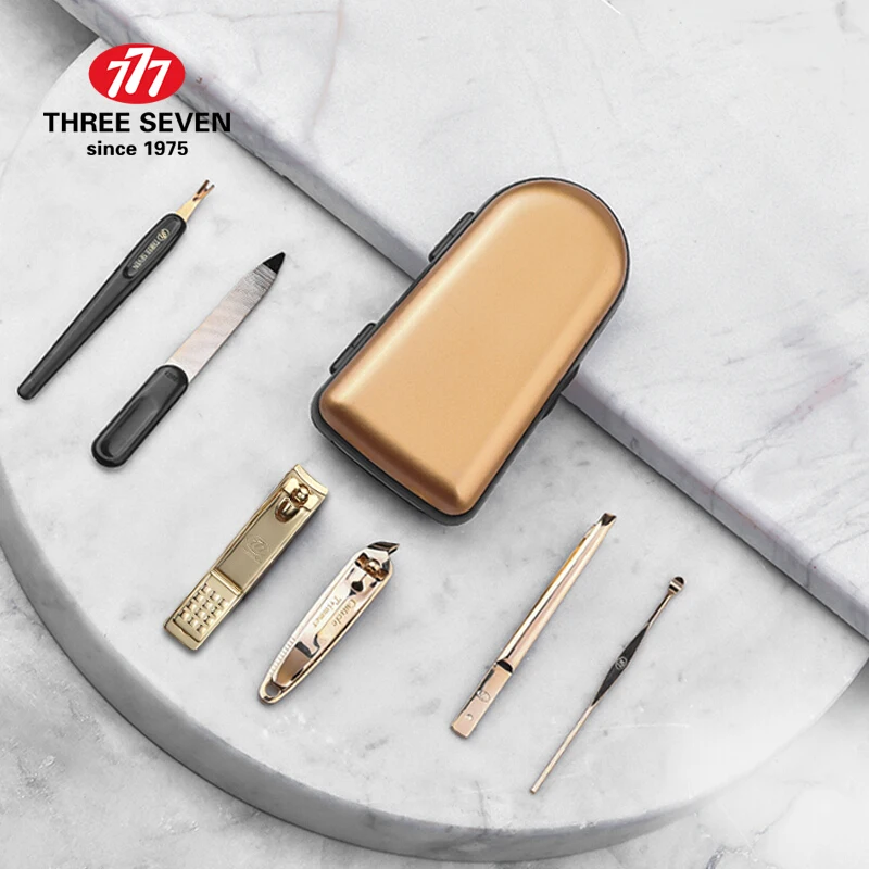 Conjunto de tosquiadores de unha de luxo três sete/777 6 peças, kit cortador de unhas profissional banhado a ouro 14k, ferramentas de cuidados para manicure, presentes