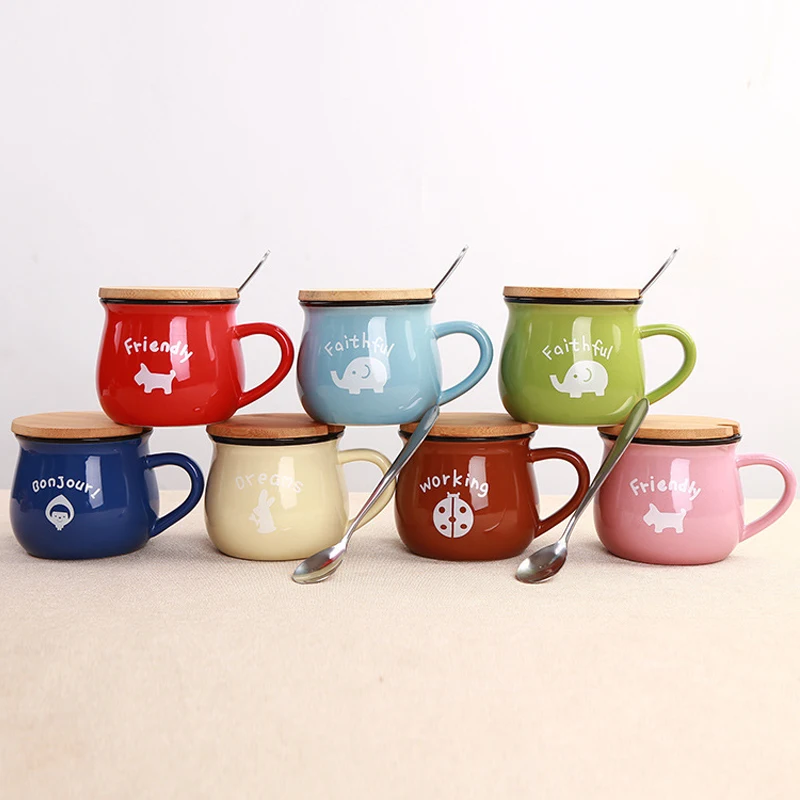 

European Retro Ceramic Breakfast Mug Zakka Cute Creative Covered spoon Enamel Milk Mugs Animal Picture Coffee Cup Lovely Gifts