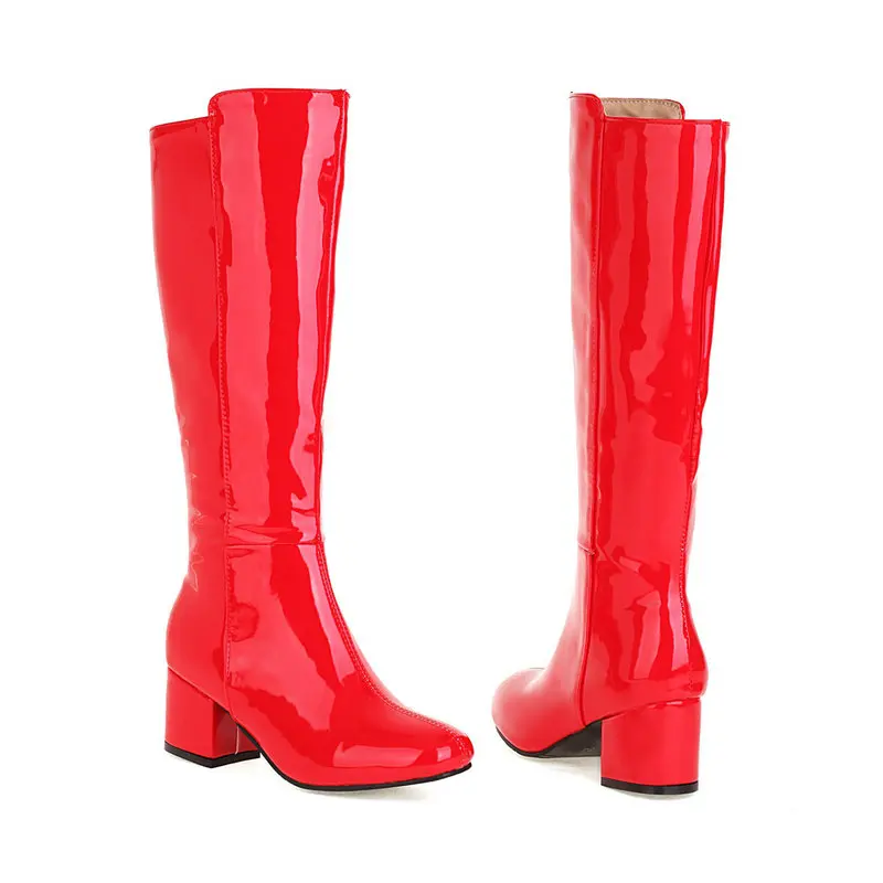 Black White Red Women Knee High Boots Patent PU Leather Square Heel Round Toe Ladies Modem Boots Short Plush Fall Winter Boots