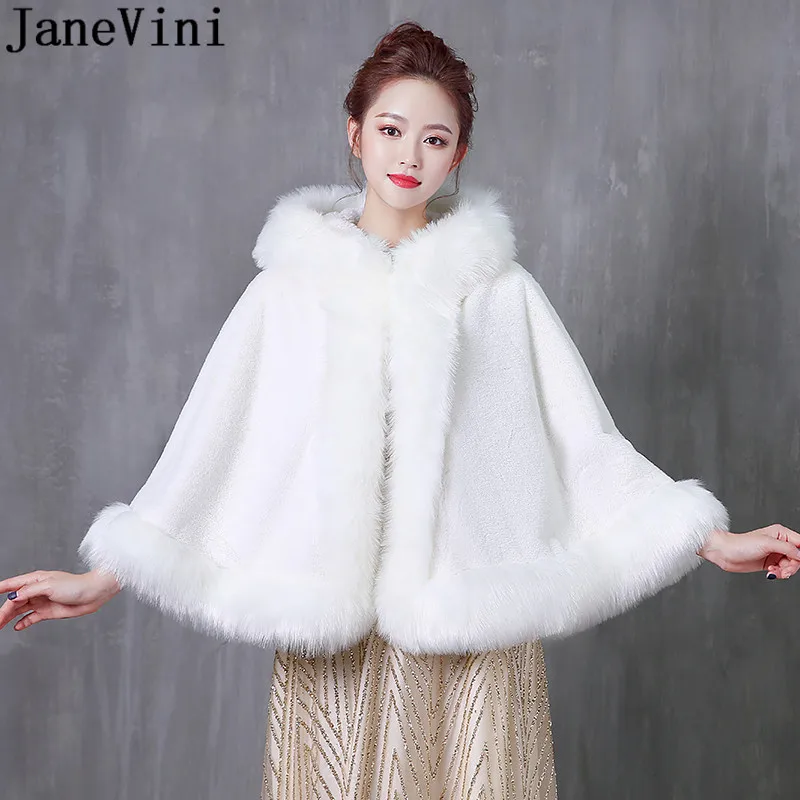 JaneVini Winter Women Fur Coat with Hat Hooded Faux Fur Wrap Wedding Dress Bolero White Shrugs Cloak Capes Stoles cape mariage