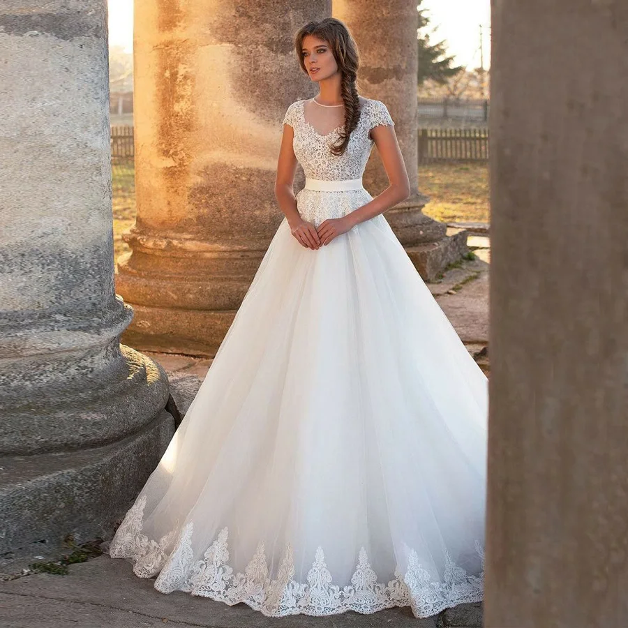 2020 hochzeit Kleid Benutzerdefinierte Oansatz Kurzen Ärmeln Tüll Braut Kleider Sehen-durch Spitze Applique EINE Linie Brautkleid Robe de Mariee