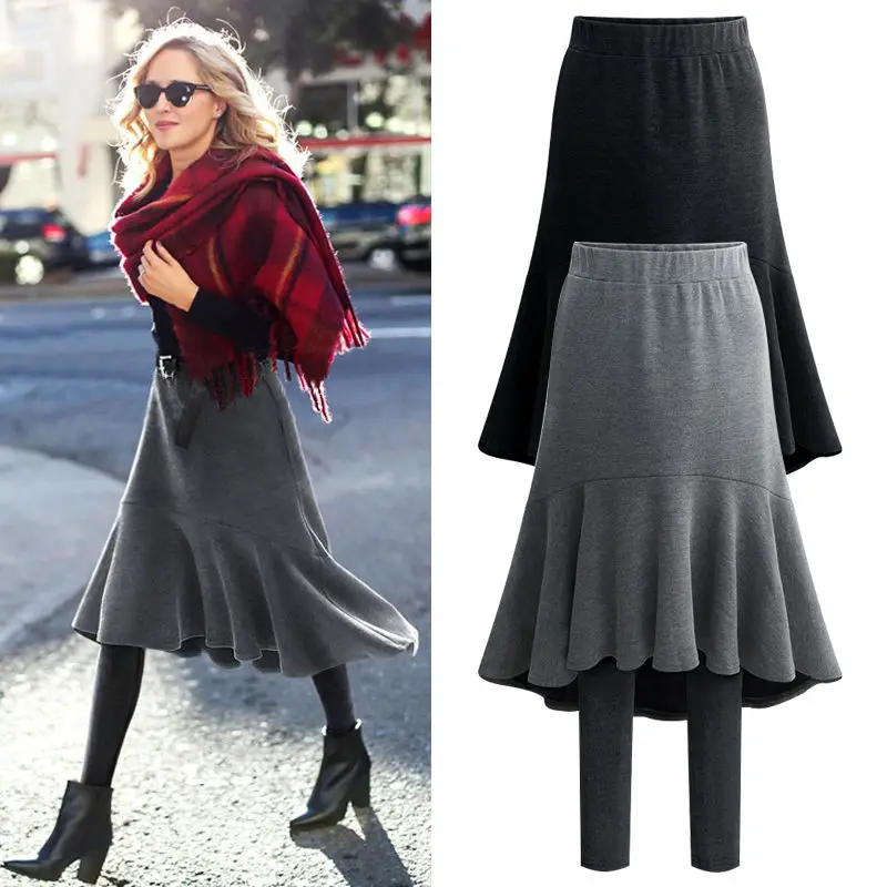 2021 Fall Winter High Rise Women's Leggings Velvet Band Skirt Fake Two Pieces Fishtail Skirt Thermal Culottes Woman Stacked