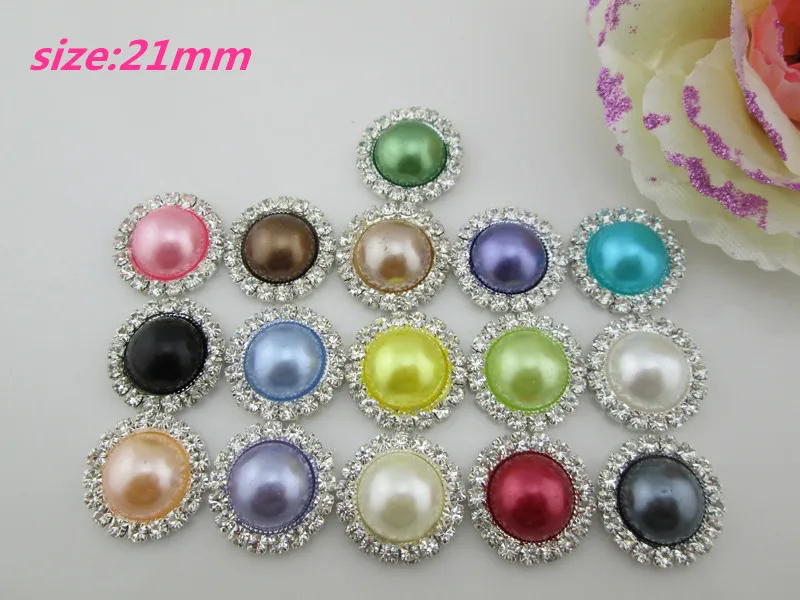 5pcs round clear rhinestone 16 colors pearl metal shank buttons (21mm)