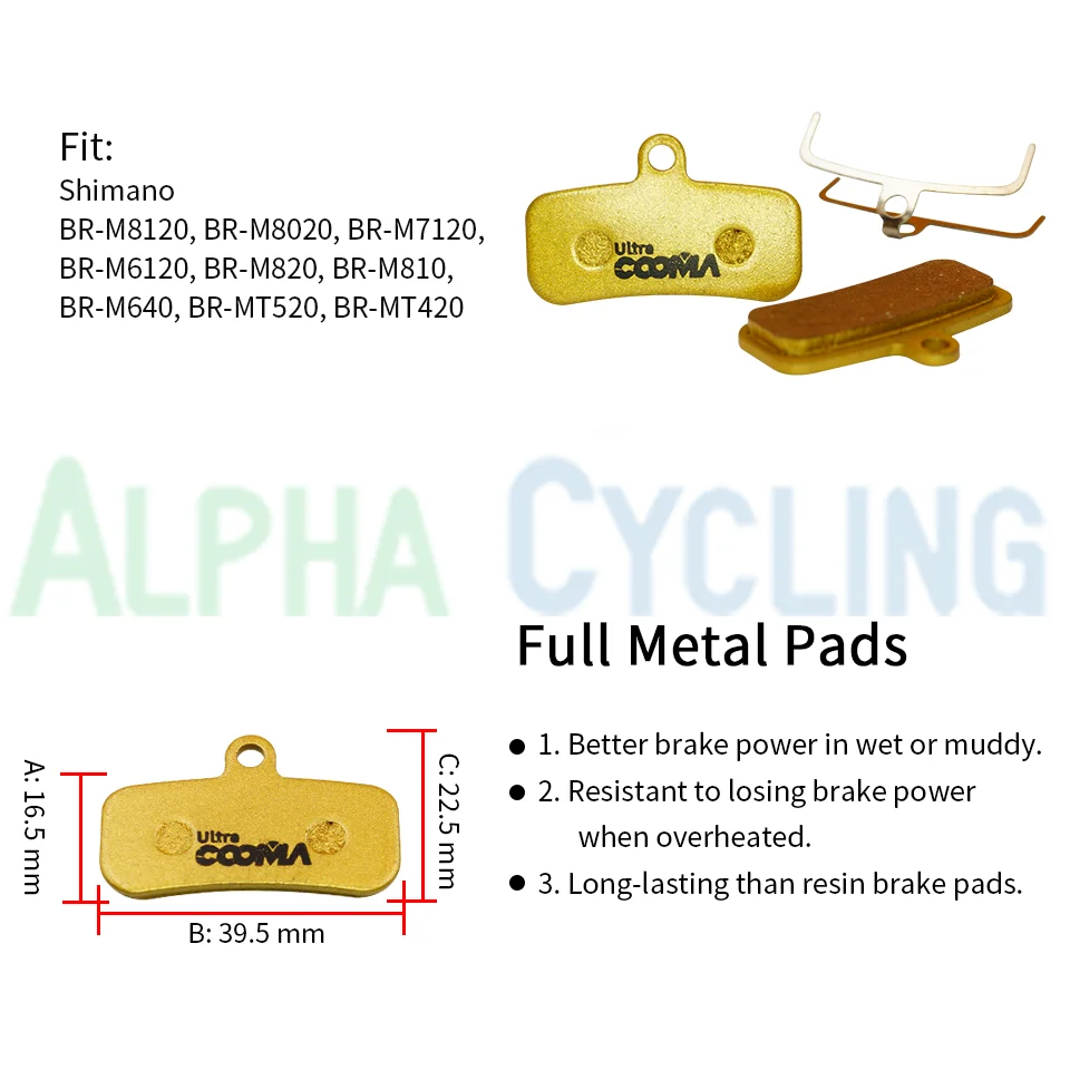 Bicycle Disc Brake Pads for SHIMANO XT M9020/M8020/Zee/Saint/M640/M800/M810/M820/M520/M420, 4 Pairs, Gold Full Metal